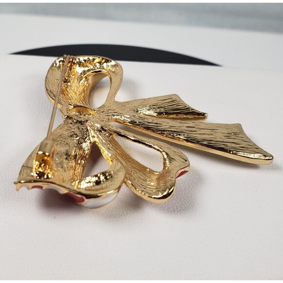 Red White & Blue Enamel Striped Gold Bow Rhinestones and Gold Stars Brooch - Picture 13 of 16